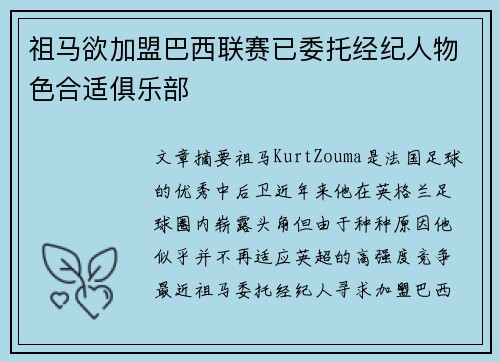 祖马欲加盟巴西联赛已委托经纪人物色合适俱乐部