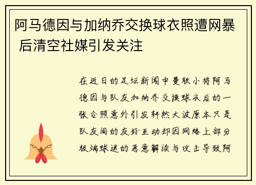 阿马德因与加纳乔交换球衣照遭网暴 后清空社媒引发关注