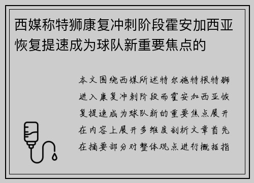 西媒称特狮康复冲刺阶段霍安加西亚恢复提速成为球队新重要焦点的